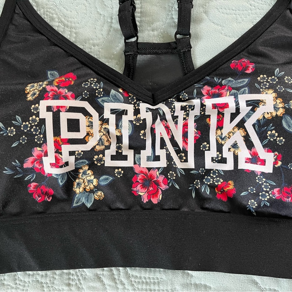 PINK Victoria's Secret Black and Pink Floral Racerback Sports Bra Size M - Picture 2 of 6